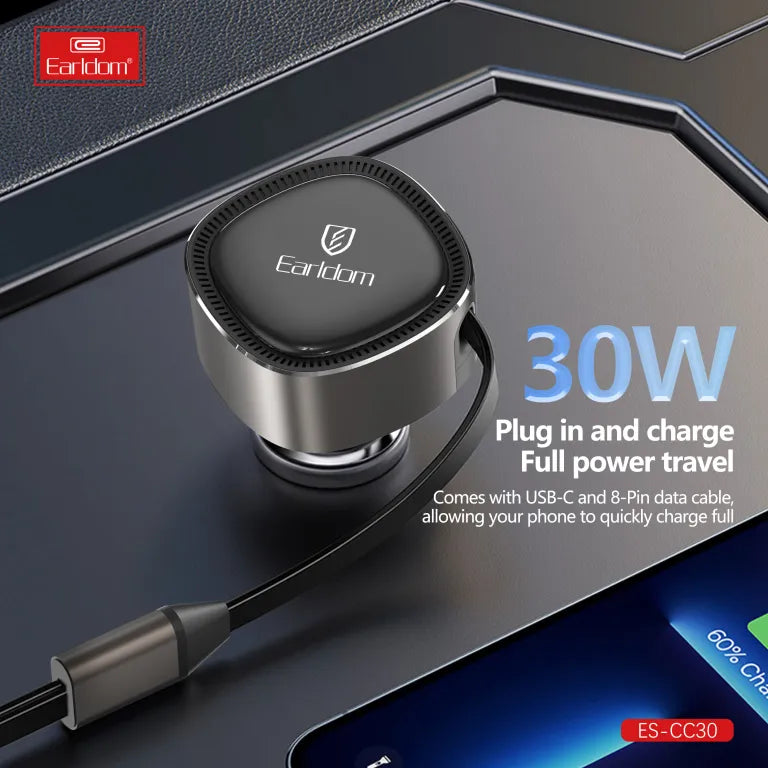 Earldom 30W Retractable USB‑C Car Charger with LED Indicator