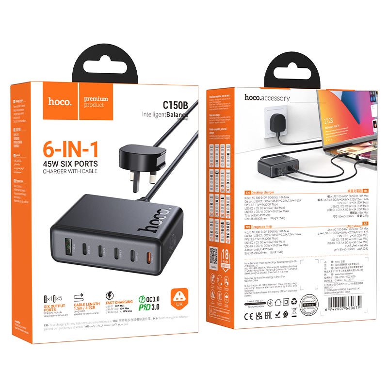 Hoco C150B 45W PD USB‑C & USB‑A Charging Station UK