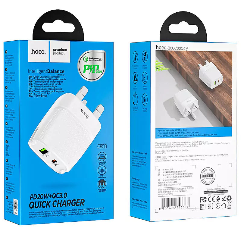 HOCO C85B Bright Dual Port PD20W QC3.0 Fast Charger White