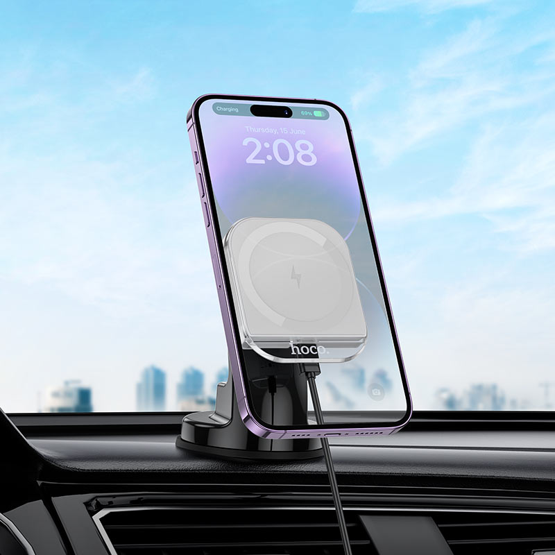 HW18 Crystal Magnetic Wireless Fast‑Charging Car Holder – Grey