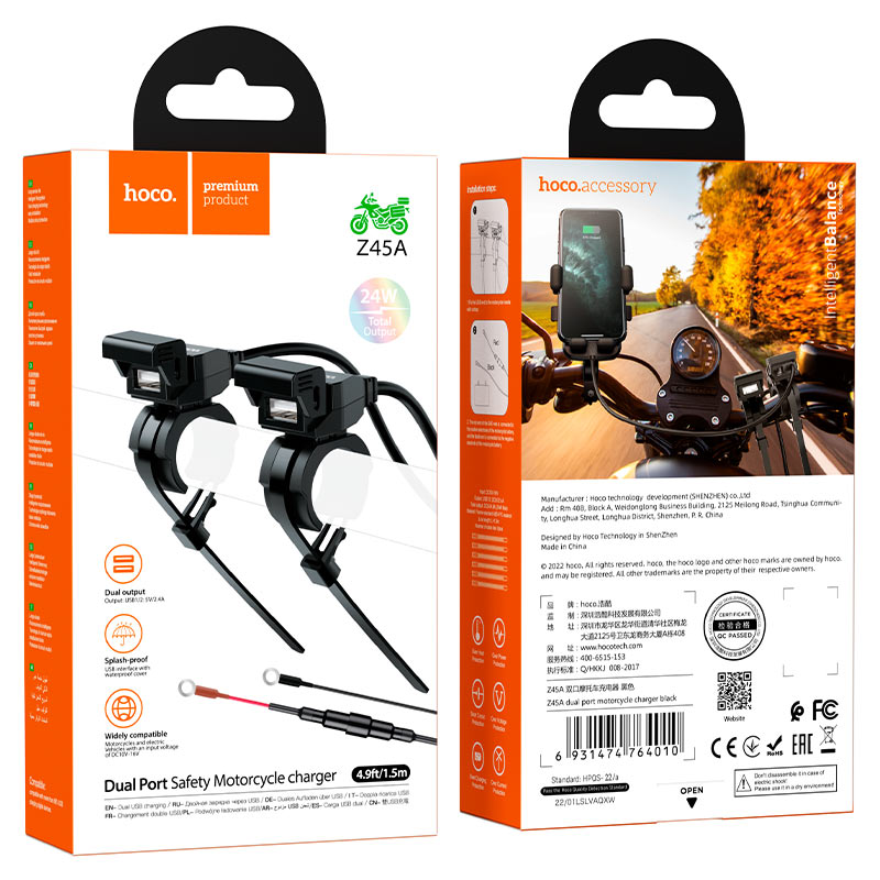 HOCO Z45A Motorcycle USB Charger Dual Port 36W Waterproof