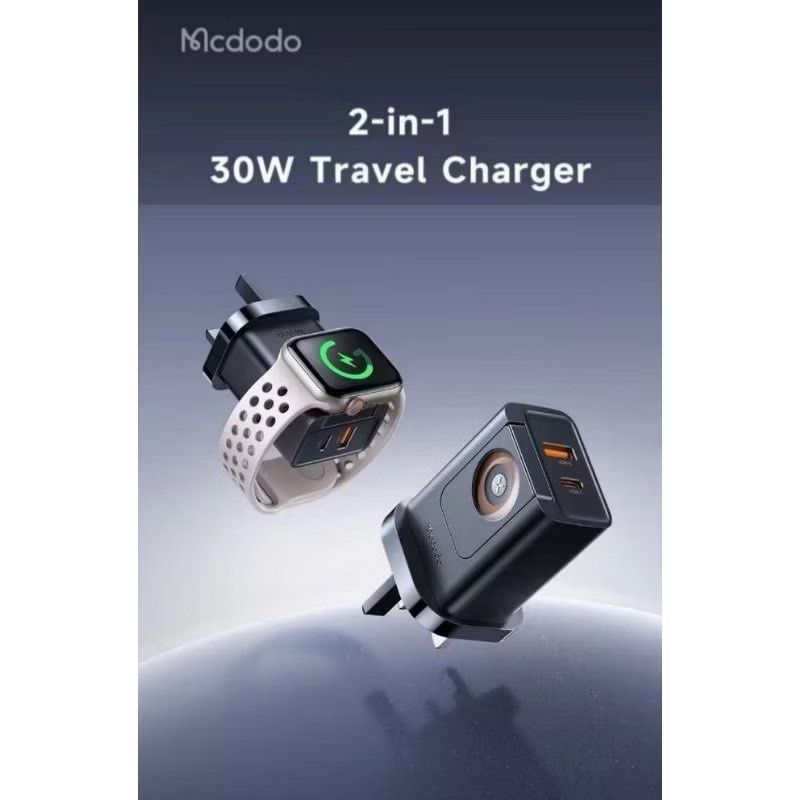 Mcdodo CH-398 30W 2-in-1 UK Travel Charger with USB‑A, USB‑C & Watch