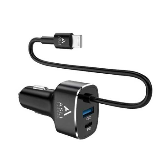 60W PD Turbo Car Charger with Built‑In Lightning Cable – Black